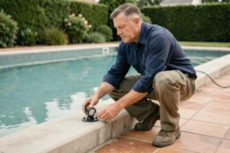 Électricien installant un spot LED basse tension autour d'une piscine extérieure sur une terrasse en carrelage