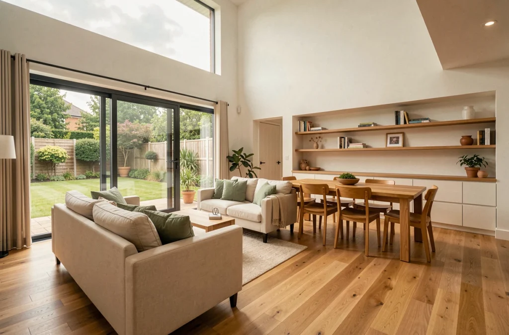 Intérieur spacieux d'une maison plain pied avec séjour ouvert et grandes baies vitrées
