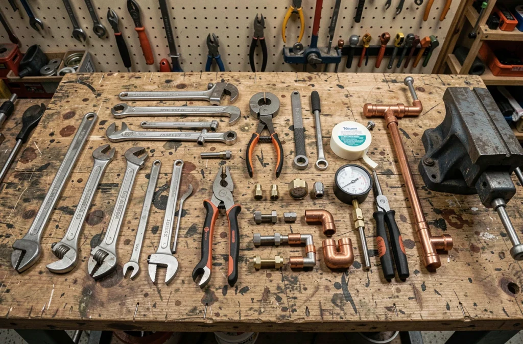 Vue aérienne d'un kit complet de plomberie pour dépannage sanitaire et chauffage posé sur un établi d'atelier