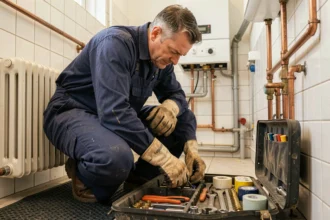 Plombier professionnel inspectant des raccords en cuivre avec un kit de dépannage chauffage complet ouvert au sol