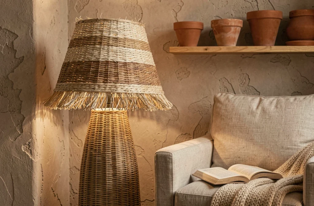 Lampadaire en osier et fibres de seagrass tressées dans un coin lecture cosy avec fauteuil en lin
