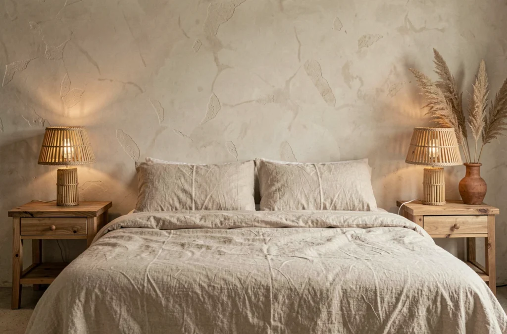 Lampes de chevet en bambou et sisal naturel sur des tables de nuit en bois brut dans une chambre apaisante en lin