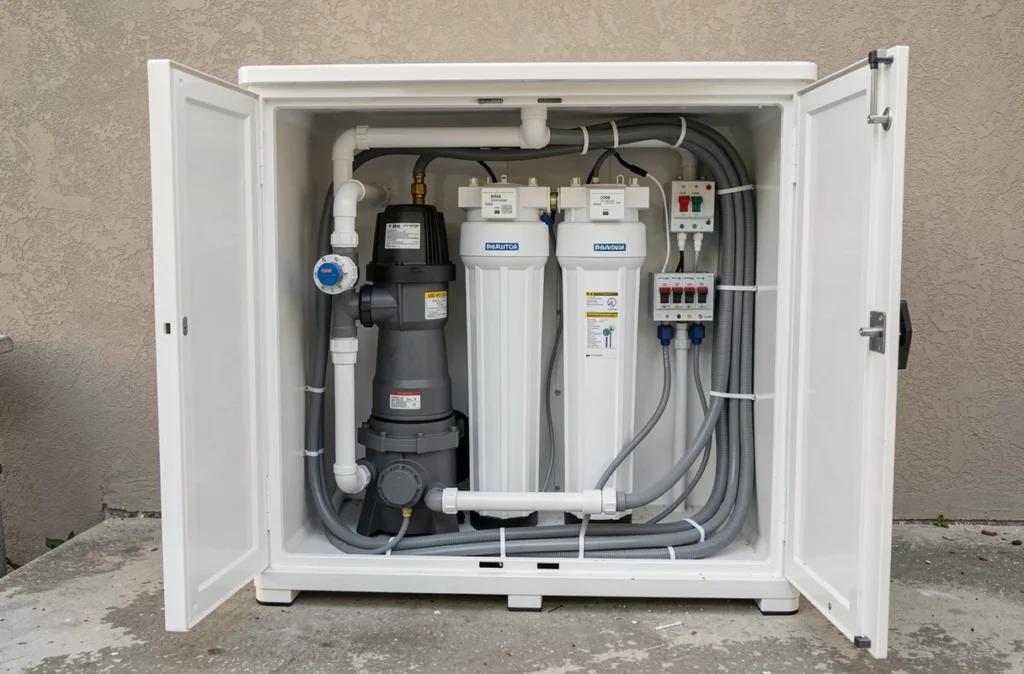 Système de pompe et filtration de piscine avec connexions électriques dans un local technique