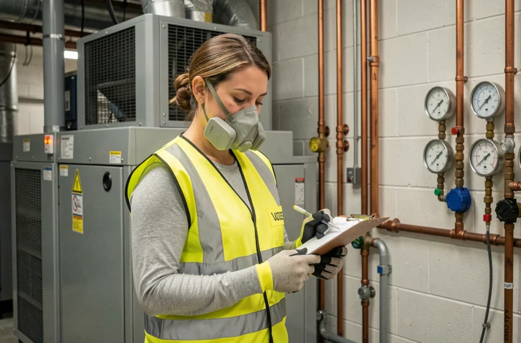 Agente de maintenance vérifiant une liste de contrôle dans un local technique avec masque respiratoire et gilet haute visibilité