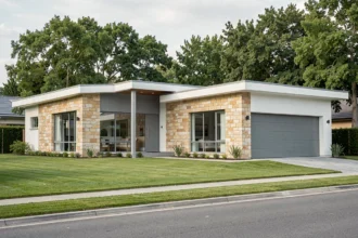 Façade d'une maison de plain pied 4 chambres avec garage intégré et jardin bien entretenu