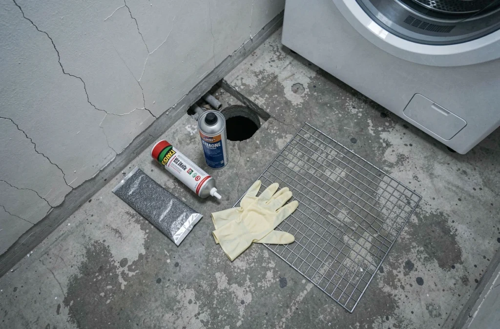 Vue aérienne de matériaux anti-nuisibles pour colmater les canalisations et empêcher les cafards noirs d'entrer dans un logement