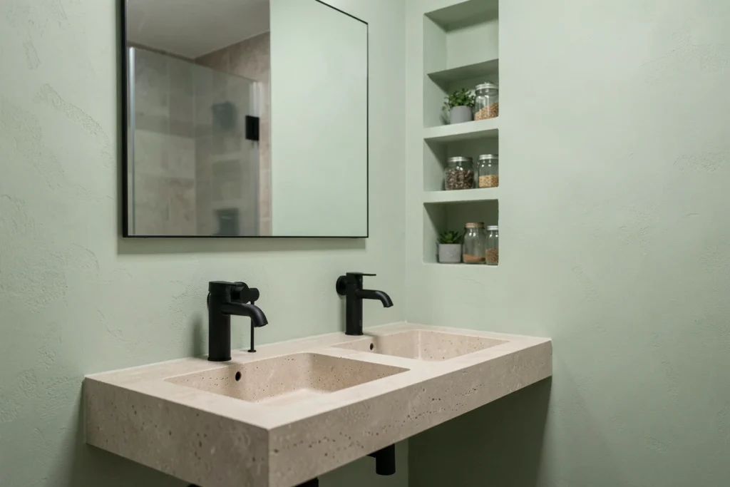 Meuble vasque suspendu double vasque en résine dans une salle de bain compacte 4m2 avec niches de rangement murales