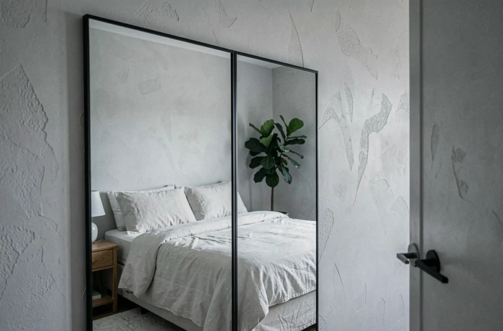 Miroir XXL du sol au plafond dans une petite chambre de studio agrandissant visuellement l'espace et reflétant le mobilier