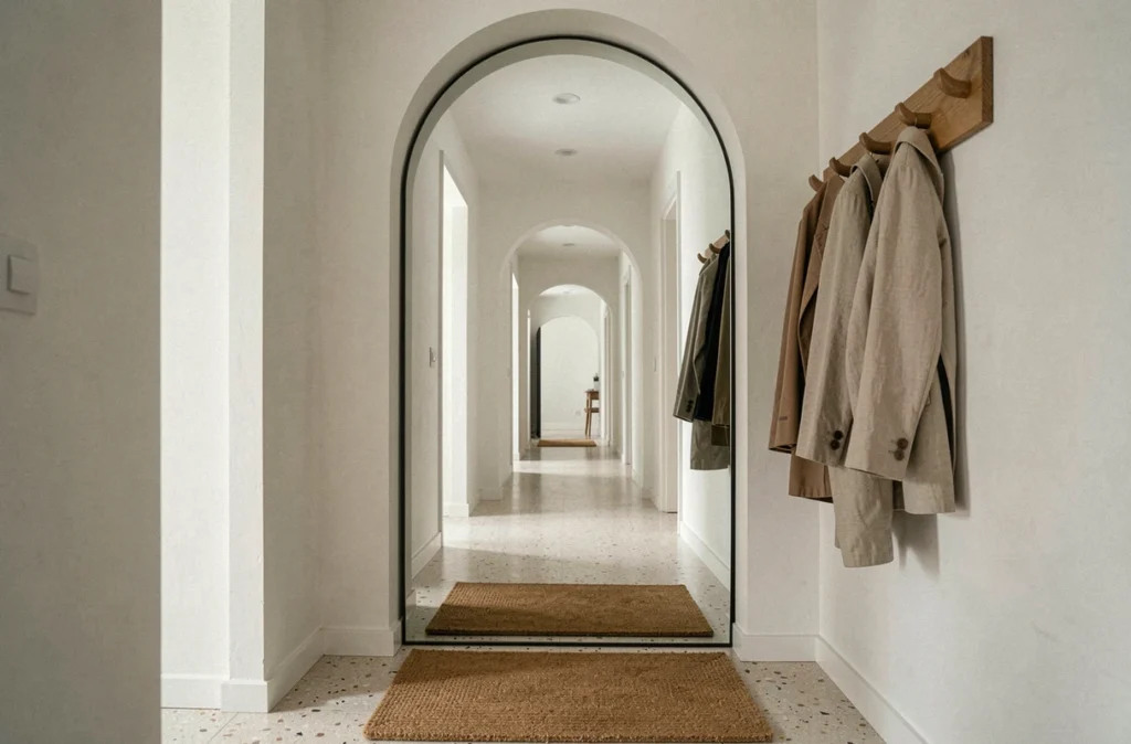 Grand miroir arrondi XXL dans un couloir d'entrée étroit de style scandinave reflétant l'espace et agrandissant visuellement le hall