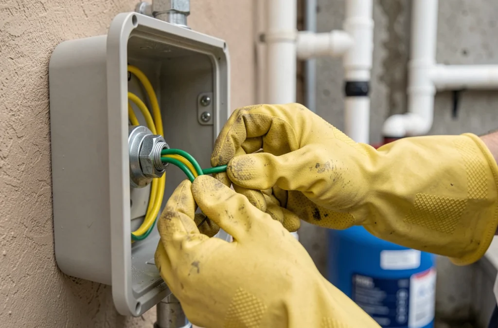 Gros plan sur des mains gantées connectant le fil de terre d'une pompe de piscine dans un boîtier électrique étanche