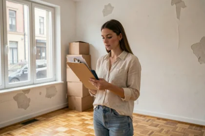 Femme organisant les démarches administratives pour la mise en service de l'électricité lors d'un emménagement dans un appartement vide