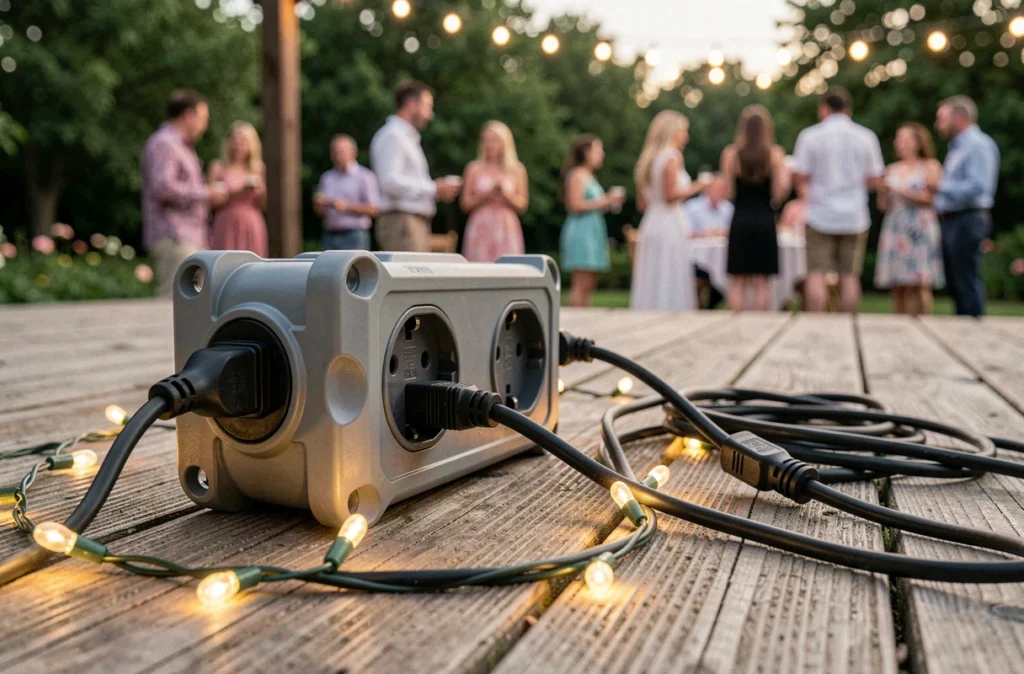 Multiprise électrique étanche avec protection intempéries utilisée lors d'une soirée estivale en terrasse en bois