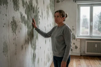 Femme inspectant un mur intérieur humide avec moisissures et taches d'humidité dans un appartement en hiver