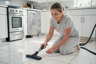 Femme utilisant un nettoyeur vapeur à main Lidl sur le carrelage d'une cuisine moderne