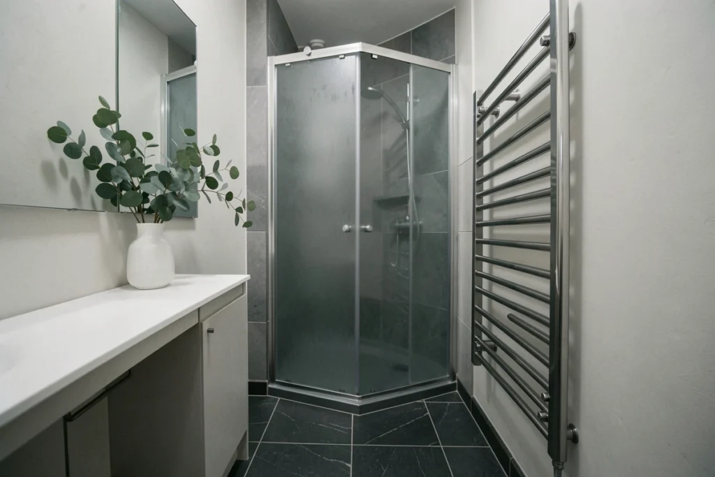 Salle de bain 4m2 sans WC avec douche d'angle, radiateur sèche-serviettes et carrelage ardoise pour optimiser l'espace au maximum