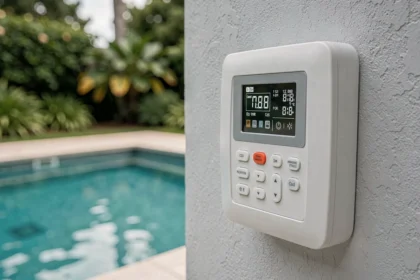 Panneau de contrôle d'automatisation de filtration de piscine installé sur un mur extérieur avec écran LCD et indicateurs numériques