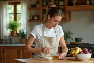 Femme préparant un piège naturel anti-moucherons avec du vinaigre de cidre dans une cuisine en bois