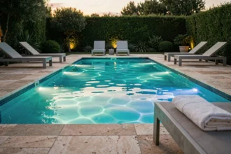 Piscine extérieure équipée de projecteurs LED sous-marins aux reflets turquoise en soirée