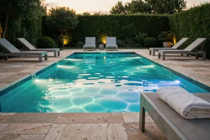 Piscine extérieure équipée de projecteurs LED sous-marins aux reflets turquoise en soirée