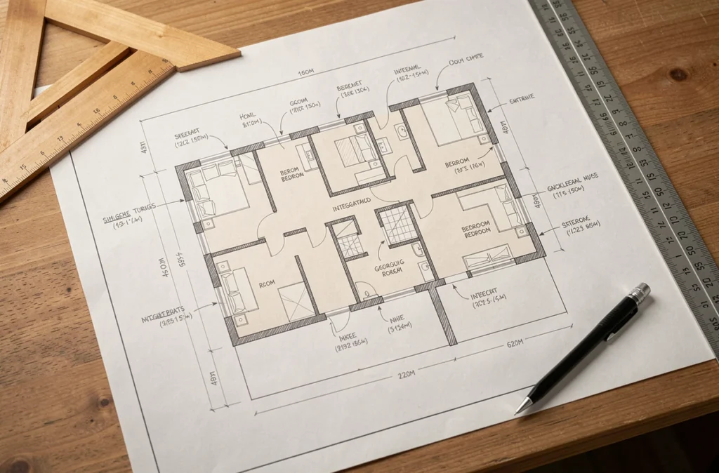 Plan de masse d'une maison plain pied 4 chambres avec garage intégré dessiné sur table d'architecte