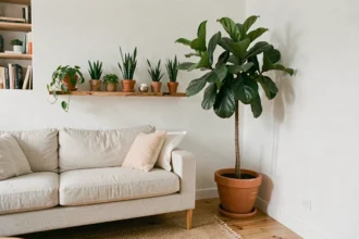 Grand figuier lyrata structurant un salon scandinave avec canapé en lin et plantes vertes sur étagère en chêne