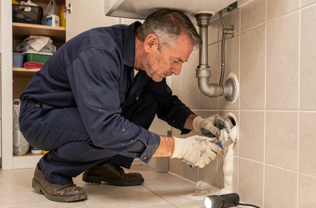 Plombier appliquant du joint expansif autour d'une canalisation murale pour bloquer l'accès aux cafards dans une salle de bain