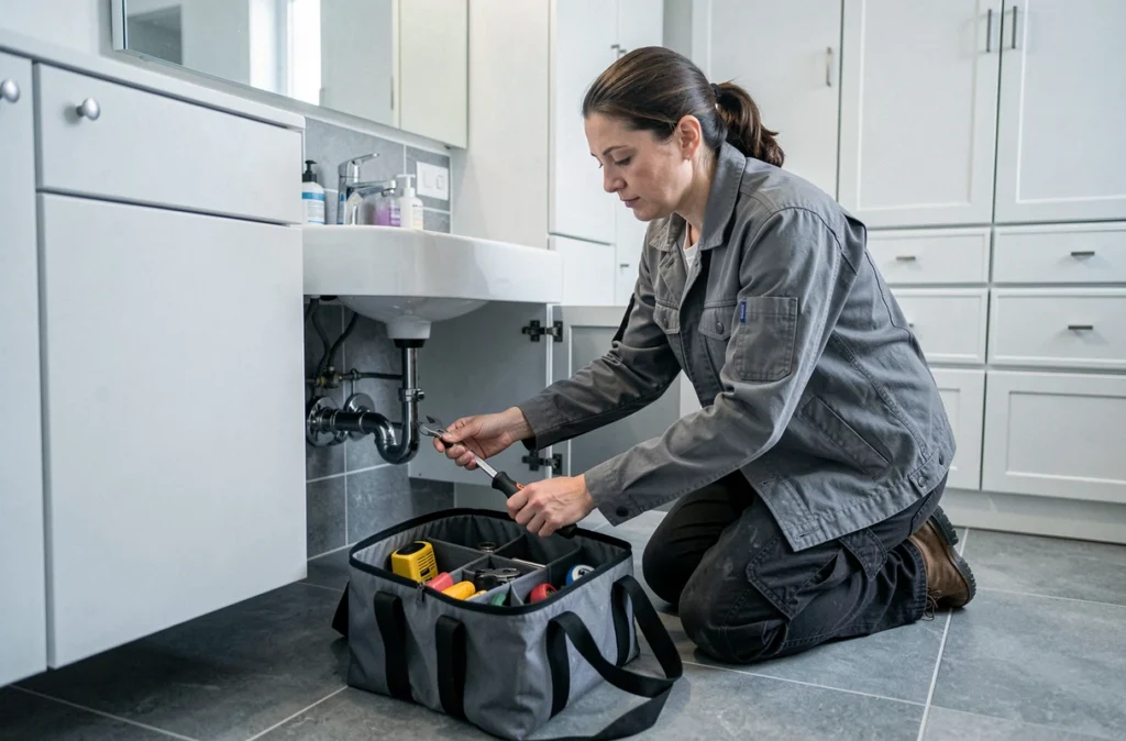 Plombière remplaçant un siphon sous évier avec un kit de dépannage sanitaire polyvalent dans une salle de bain moderne