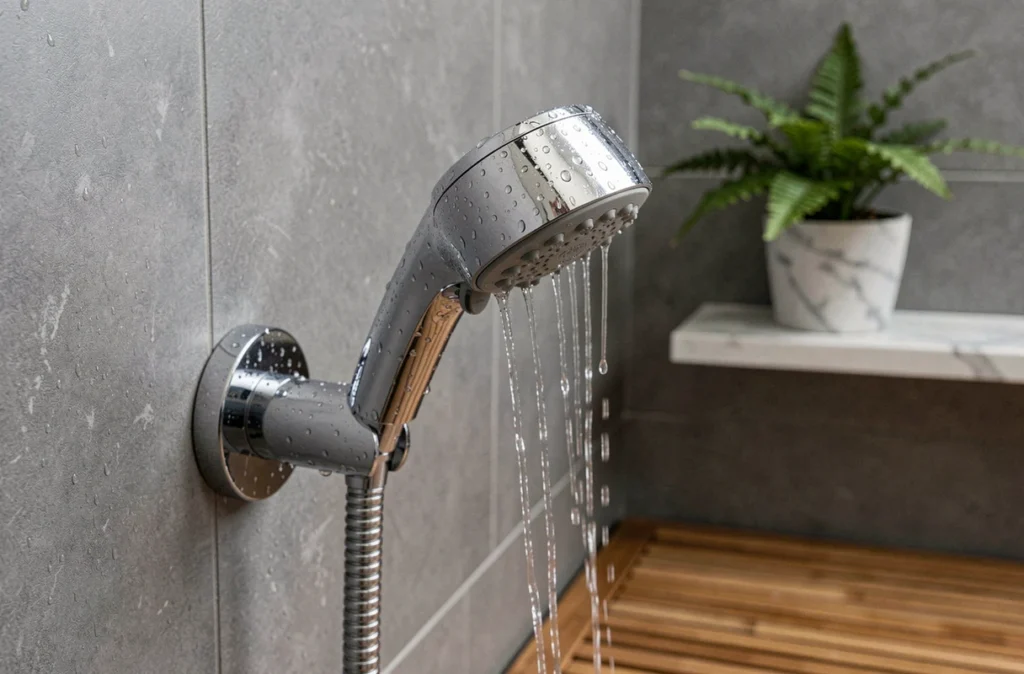Pomme de douche à faible débit avec gouttelettes d'eau dans une salle de bain minimaliste