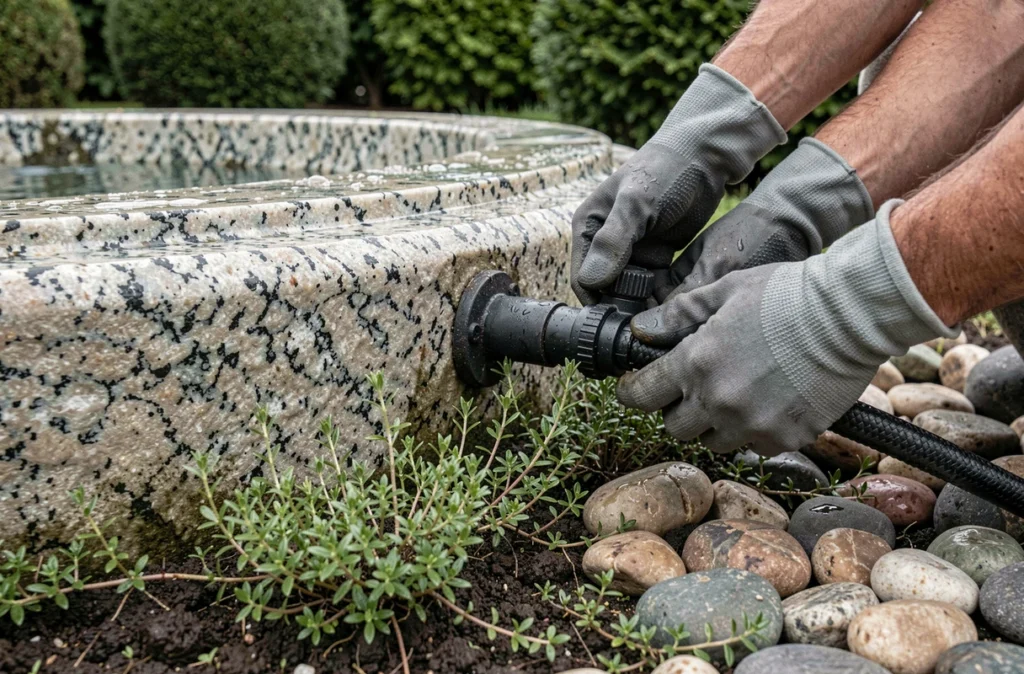 Gros plan sur l'installation d'une pompe submersible dans une fontaine en granit au milieu d'un jardin verdoyant