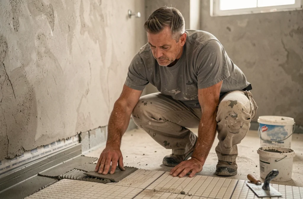 Artisan carreleur posant un revêtement antidérapant dans une salle de bain en rénovation