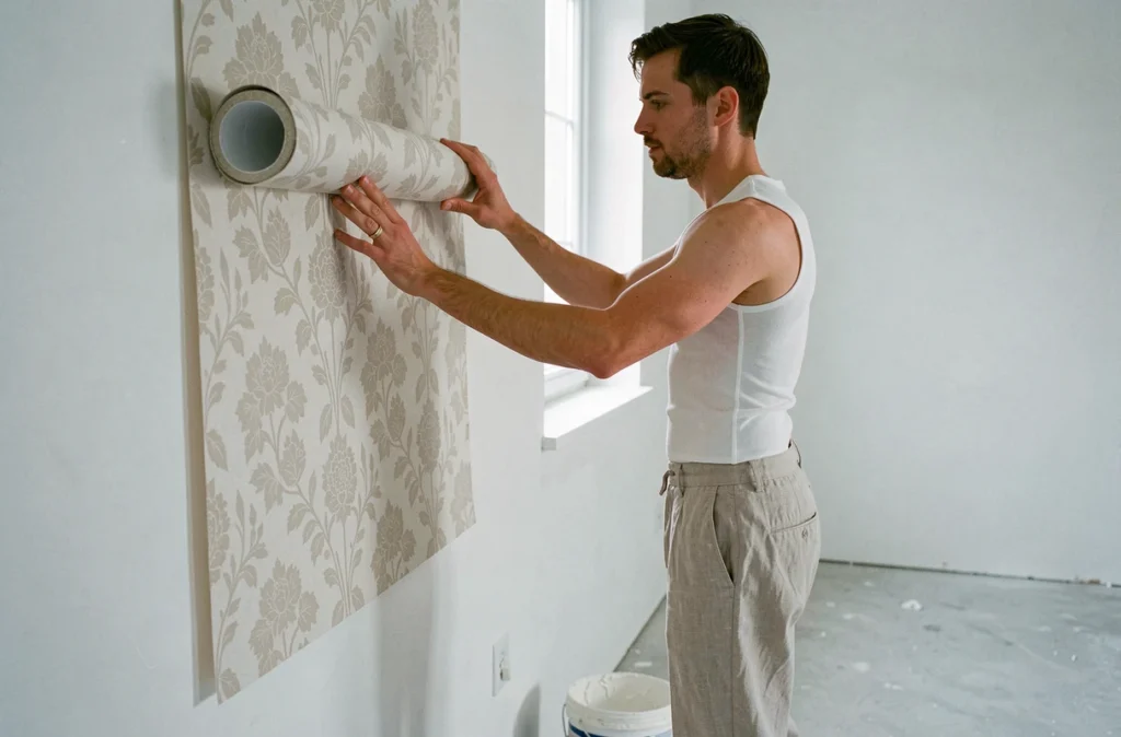 Personne posant un papier peint motif beige floral dans un appartement locatif vide, geste appliqué et naturel