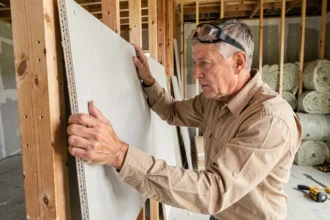 Ouvrier posant un panneau de Placo isolé contre une ossature bois lors d'une rénovation intérieure