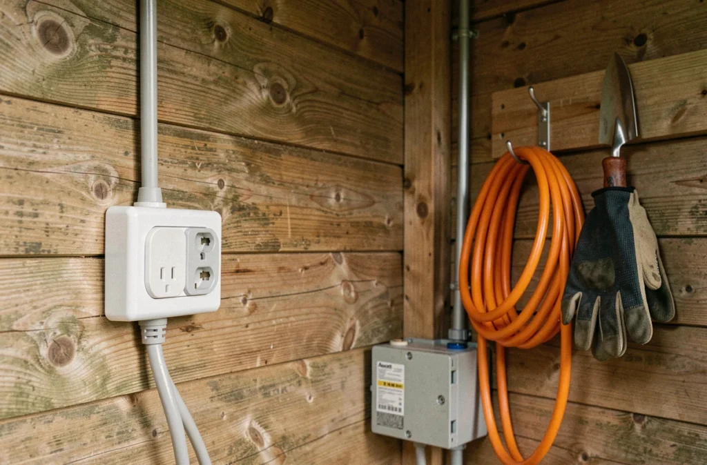 Prise électrique double installée sur la paroi en bois d'un abri de jardin avec conduit apparent