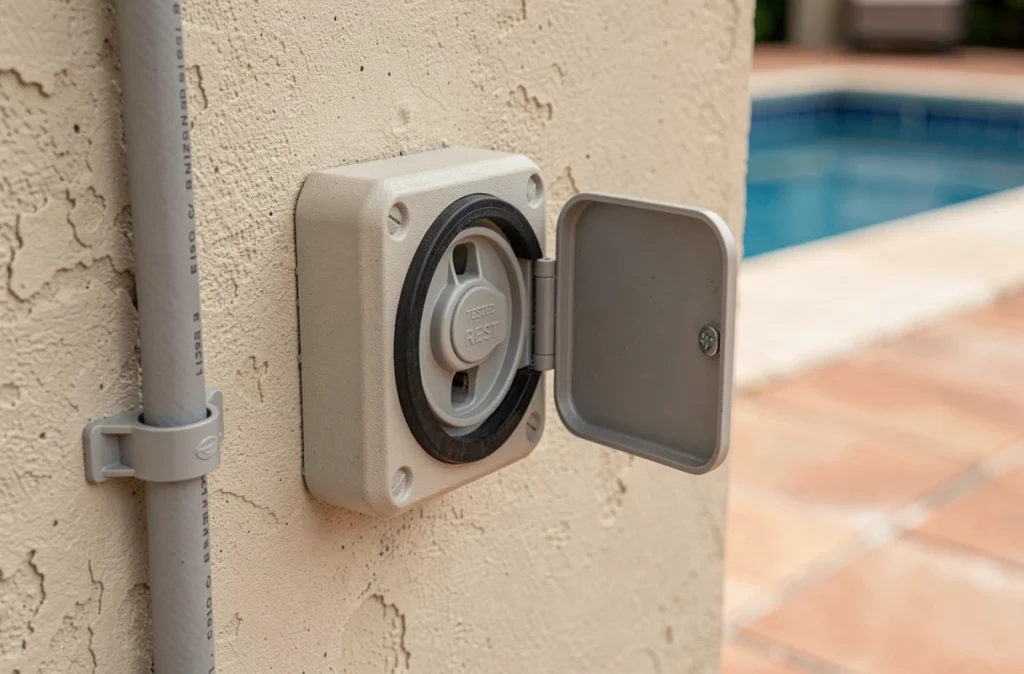 Prise électrique étanche avec disjoncteur différentiel installée sur une terrasse de piscine extérieure