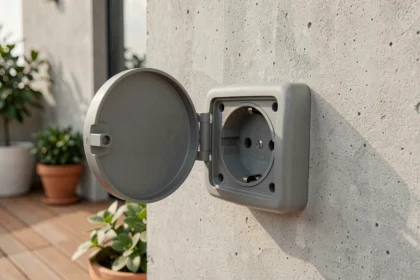 Prise électrique étanche montée sur un mur de terrasse en béton avec couvercle de protection ouvert