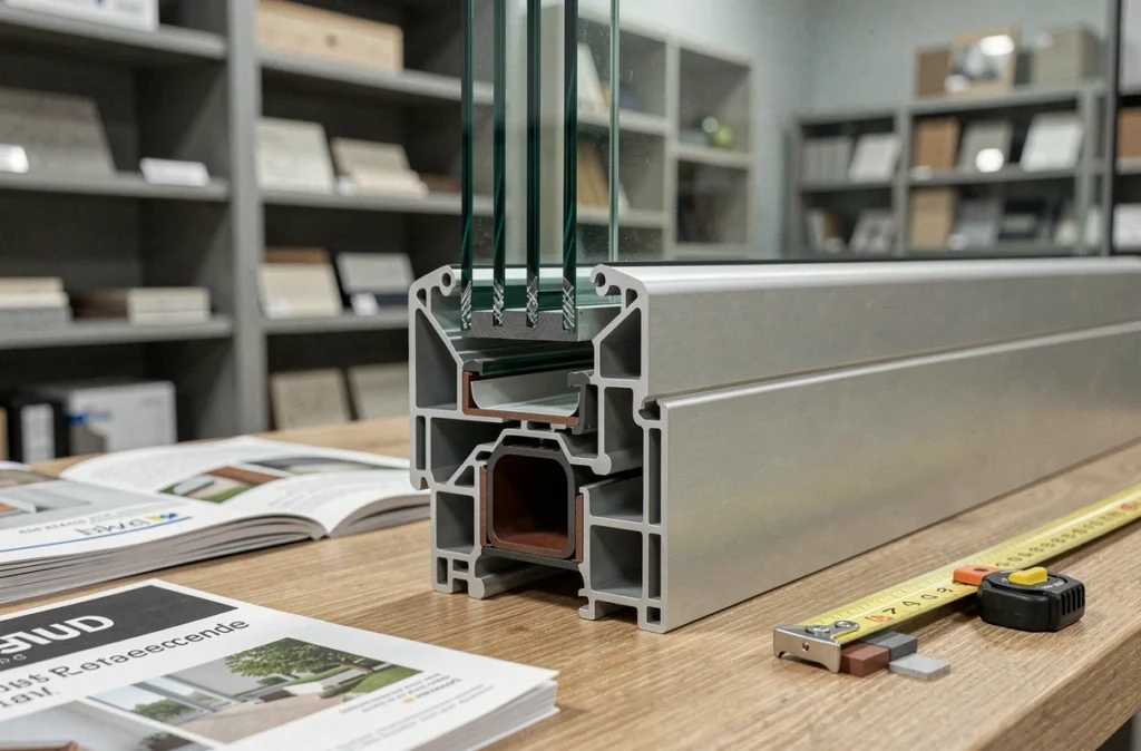 Gros plan sur le profil d'une fenêtre à double vitrage en aluminium présentée dans un showroom de matériaux d'isolation