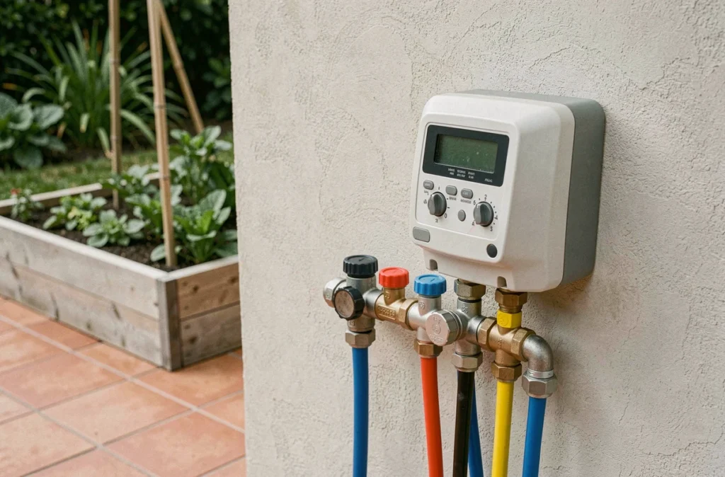 Programmateur et rampe de distribution pour système d'arrosage automatique installé en extérieur