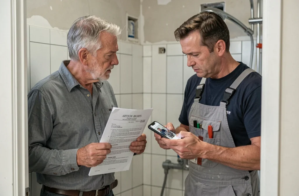 Propriétaire et plombier en discussion professionnelle à propos d'un litige de travaux dans une salle de bain en chantier