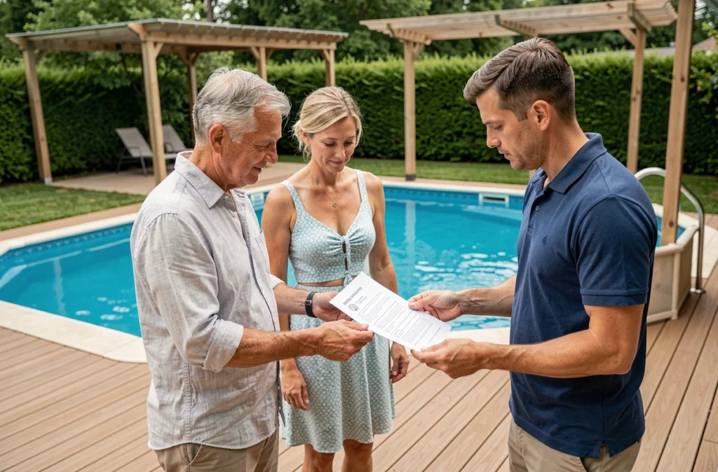 Couple de propriétaires recevant les explications d'un technicien sur la conformité électrique de leur installation de piscine résidentielle