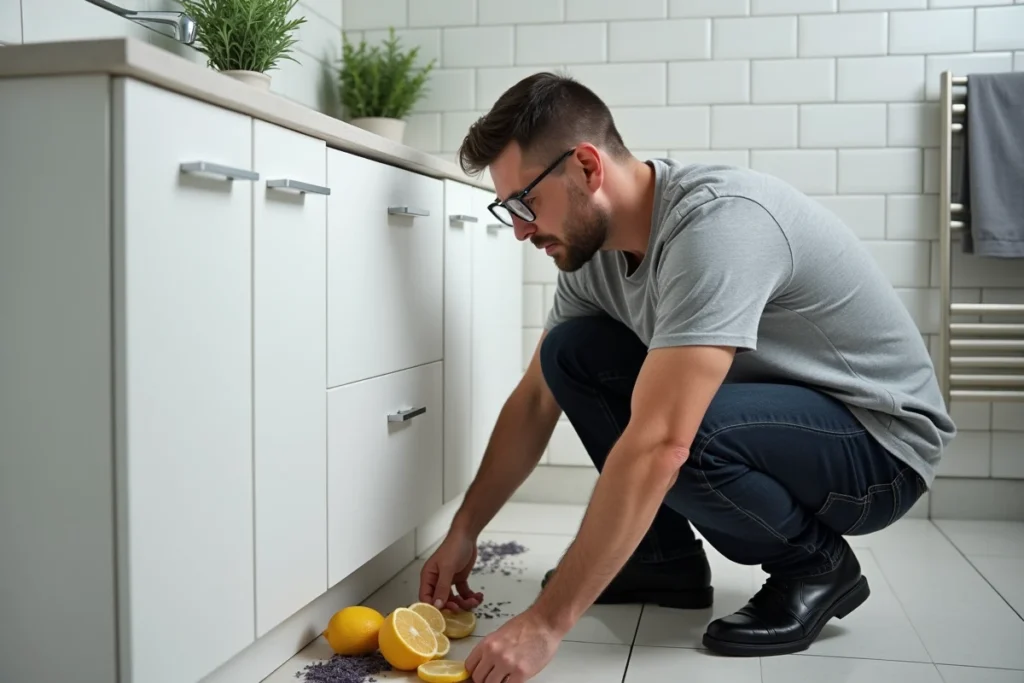 Homme utilisant des citrons et de la lavande pour repousser les moucherons dans une salle de bain
