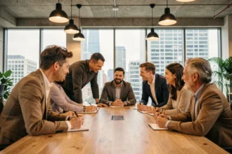 Équipe de professionnels en réunion autour d'une table en bois dans un bureau moderne, illustrant la communication interne et la cohésion d'entreprise