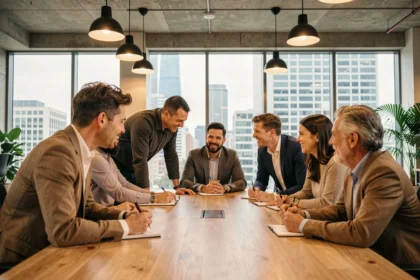 Équipe de professionnels en réunion autour d'une table en bois dans un bureau moderne, illustrant la communication interne et la cohésion d'entreprise