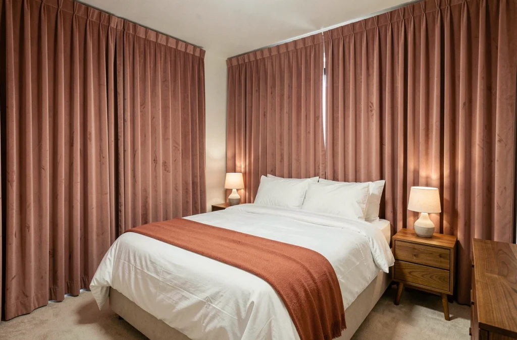 Chambre à coucher douillette avec rideaux occultants en velours rose poudré fermés pour un sommeil réparateur