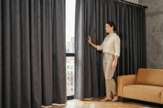 Femme admirant des rideaux occultants gris anthracite en lin dans un salon moderne avec parquet en chêne