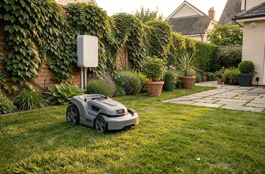 Robot tondeuse autonome en fonctionnement dans un jardin résidentiel avec station de charge murale visible