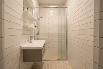 Petite salle de bain de 4m2 sans WC optimisée avec douche à l'italienne, meuble vasque suspendu et rangements ouverts