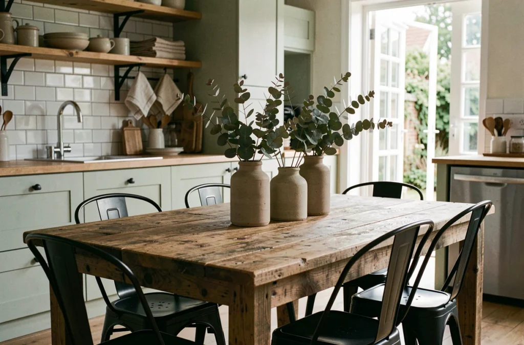Salle à manger avec grande table en bois de grange recyclé, chaises en acier noir et vaisselle en céramique dans une cuisine ouverte moderne