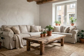 Salon rustique avec table basse en bois recyclé aux veines apparentes, tapis en jute et plantes en pot dans un appartement scandinave