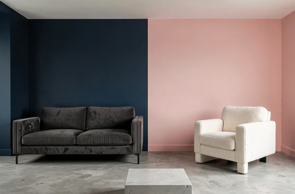 Salon contemporain divisé entre une ambiance bleu marine profond et rose poudré doux, illustrant l'impact contrasté des couleurs de murs sur l'atmosphère d'un intérieur