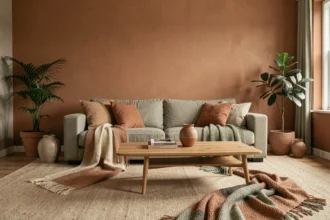 Salon moderne aux tons terracotta et vert sauge avec canapé en lin et mur d'accent en argile, illustrant l'influence des couleurs chaudes sur l'ambiance intérieure